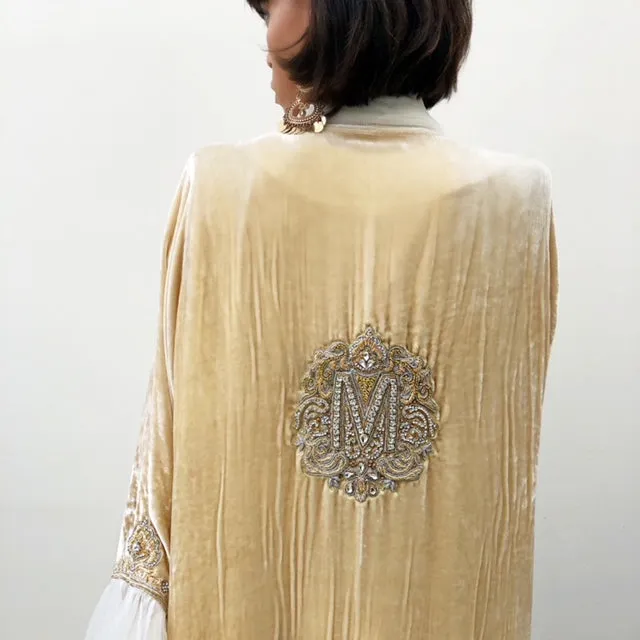 RAMADAN18 VANILLA SILK VELVET LUXURY ABAYA WITH HAND EMBROIDERED INITIALS