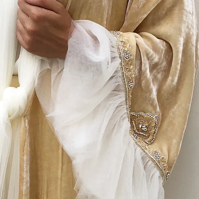 RAMADAN18 VANILLA SILK VELVET LUXURY ABAYA WITH HAND EMBROIDERED INITIALS