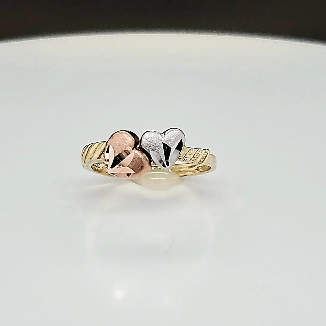 Real 10K Solid Tri Color Gold 2 Heart Ring For Women