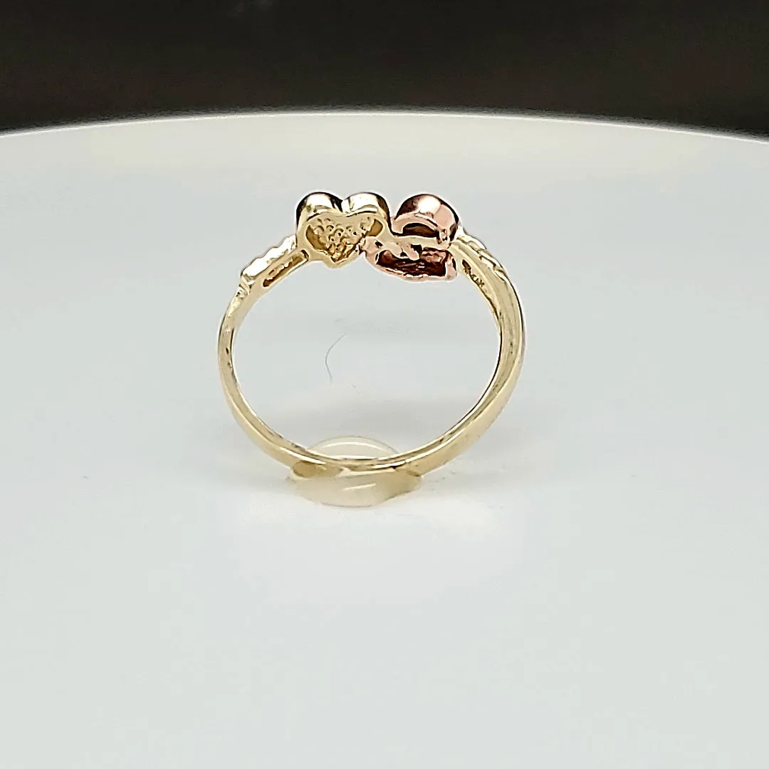 Real 10K Solid Tri Color Gold 2 Heart Ring For Women