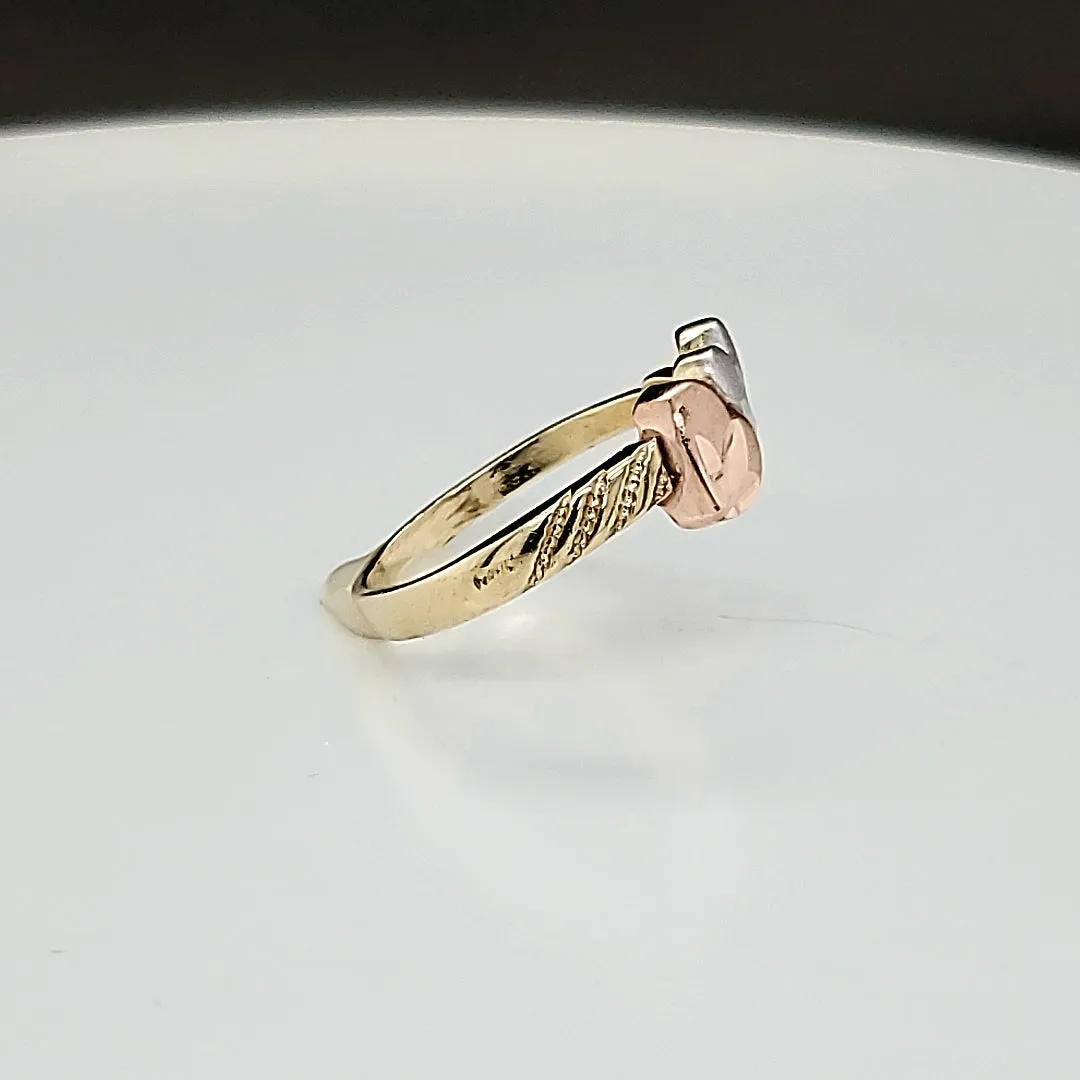 Real 10K Solid Tri Color Gold 2 Heart Ring For Women