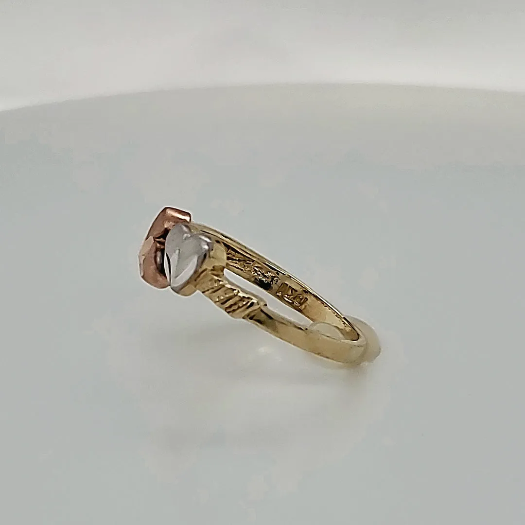 Real 10K Solid Tri Color Gold 2 Heart Ring For Women