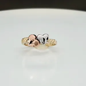 Real 10K Solid Tri Color Gold 2 Heart Ring For Women