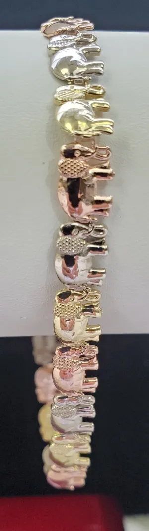 Real 10K Solid Tri Color Gold Elephant Bracelet for Women