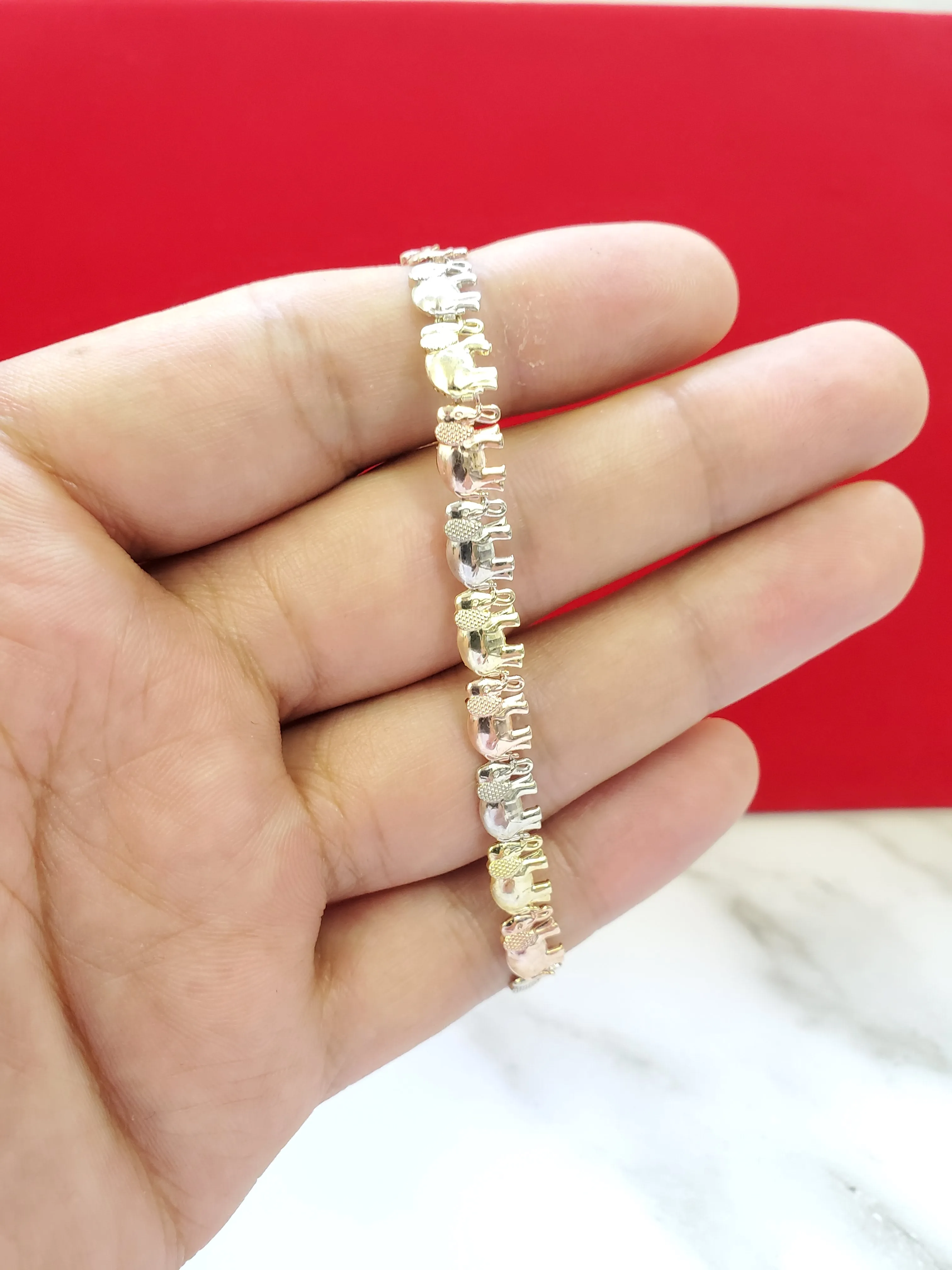 Real 10K Solid Tri Color Gold Elephant Bracelet for Women
