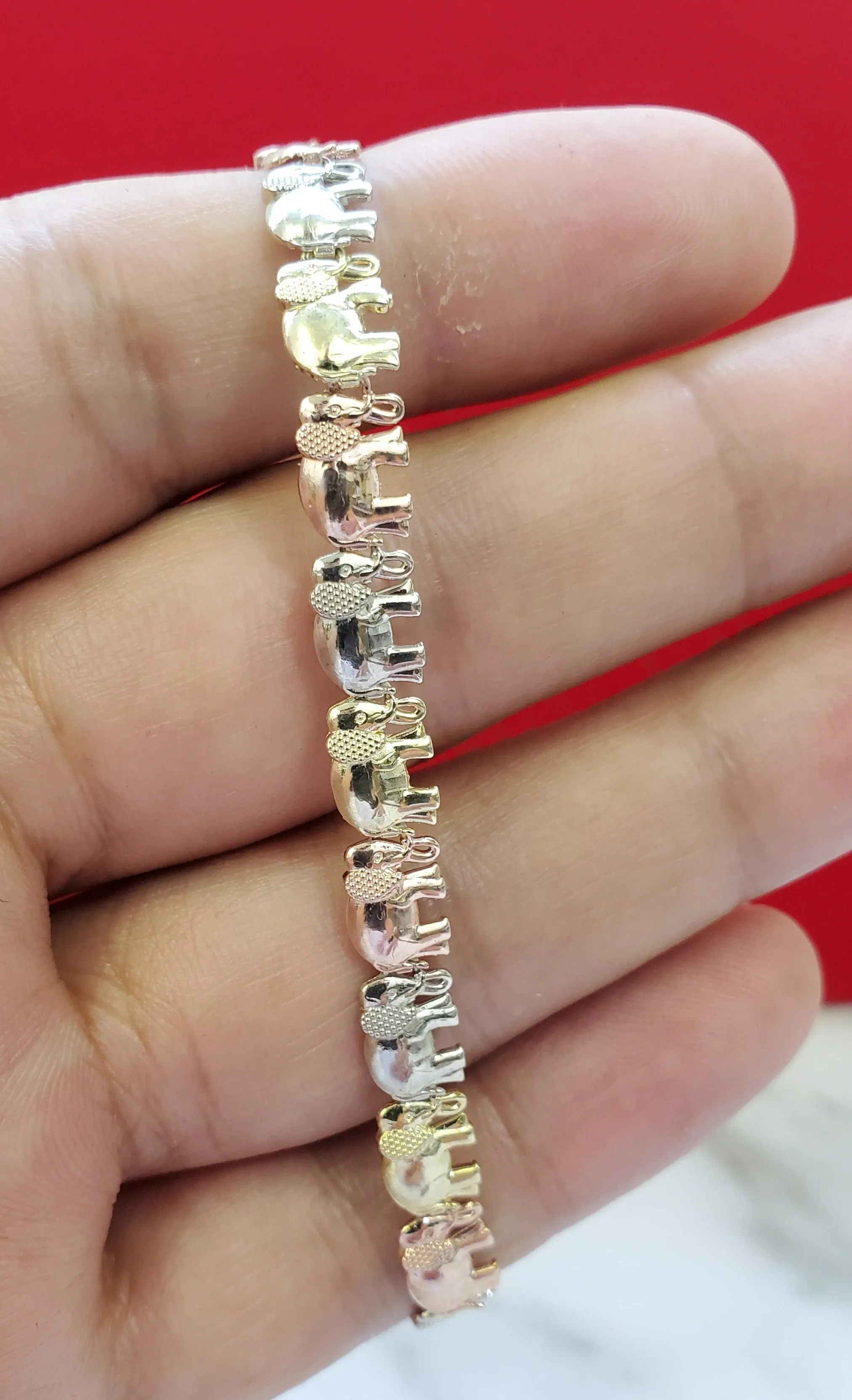 Real 10K Solid Tri Color Gold Elephant Bracelet for Women