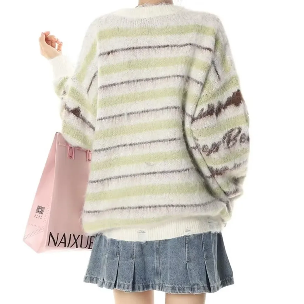 Retro Deer Plush Stripes Sweater