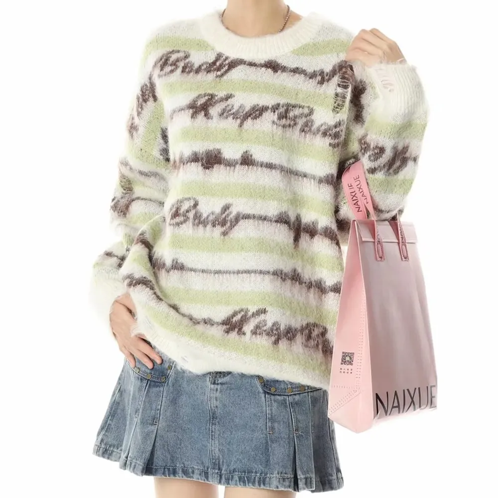 Retro Deer Plush Stripes Sweater