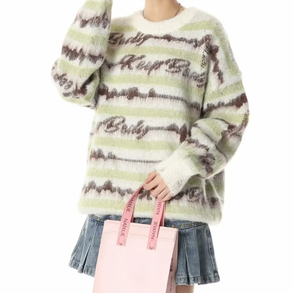 Retro Deer Plush Stripes Sweater