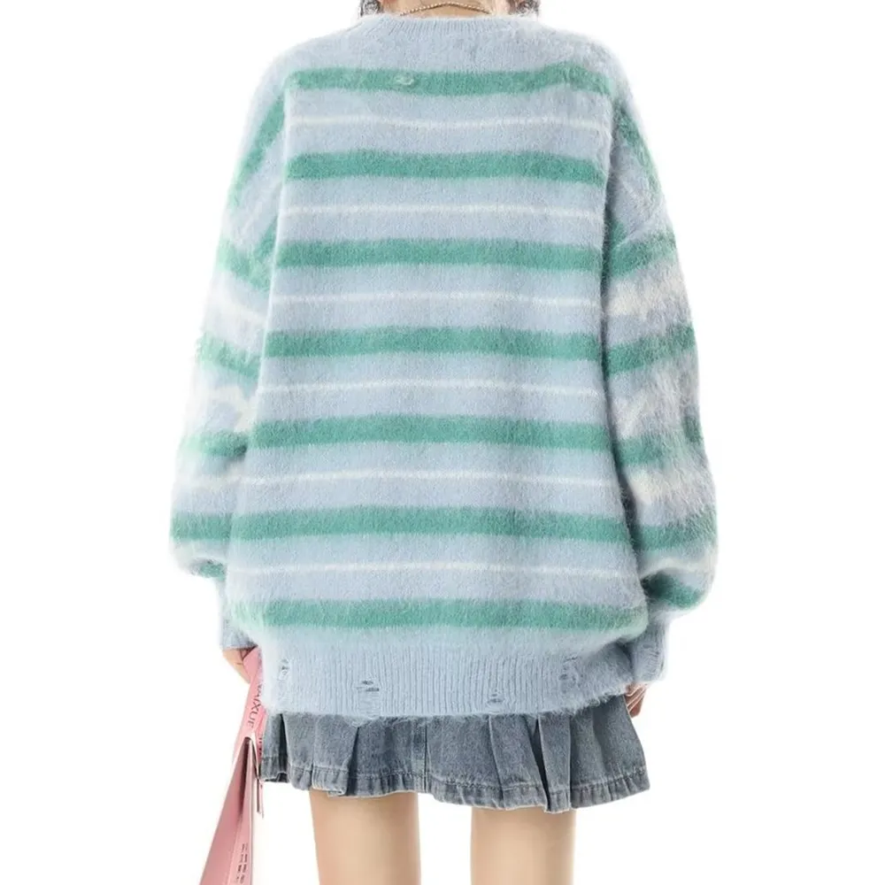 Retro Deer Plush Stripes Sweater