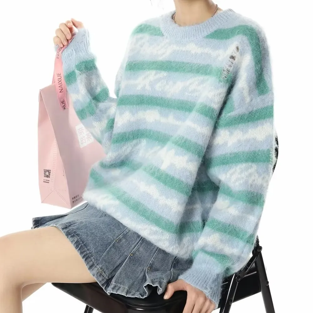 Retro Deer Plush Stripes Sweater