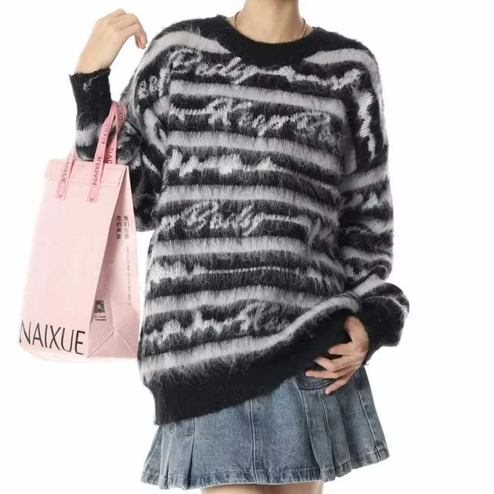 Retro Deer Plush Stripes Sweater