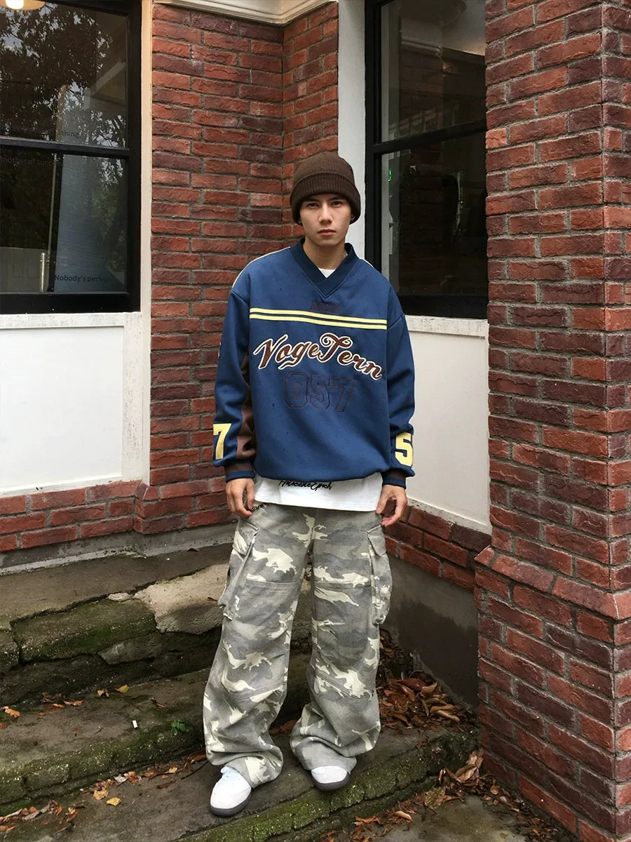 Retro Striped Letter Pullover Sweatshirt