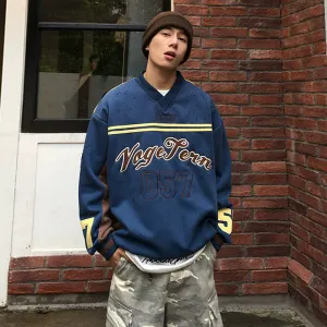 Retro Striped Letter Pullover Sweatshirt