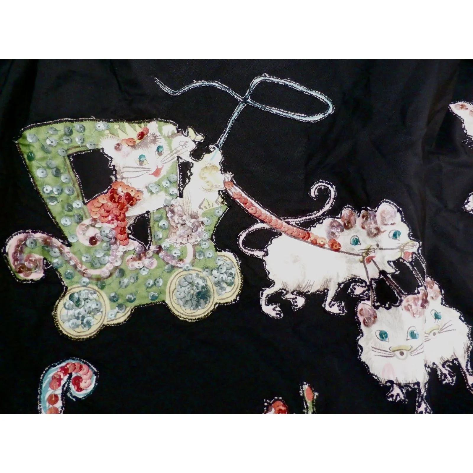 Retro VTG 50s Kitchen Apron Black Taffeta Kittens Cat Appliques Sequins Sue-Set
