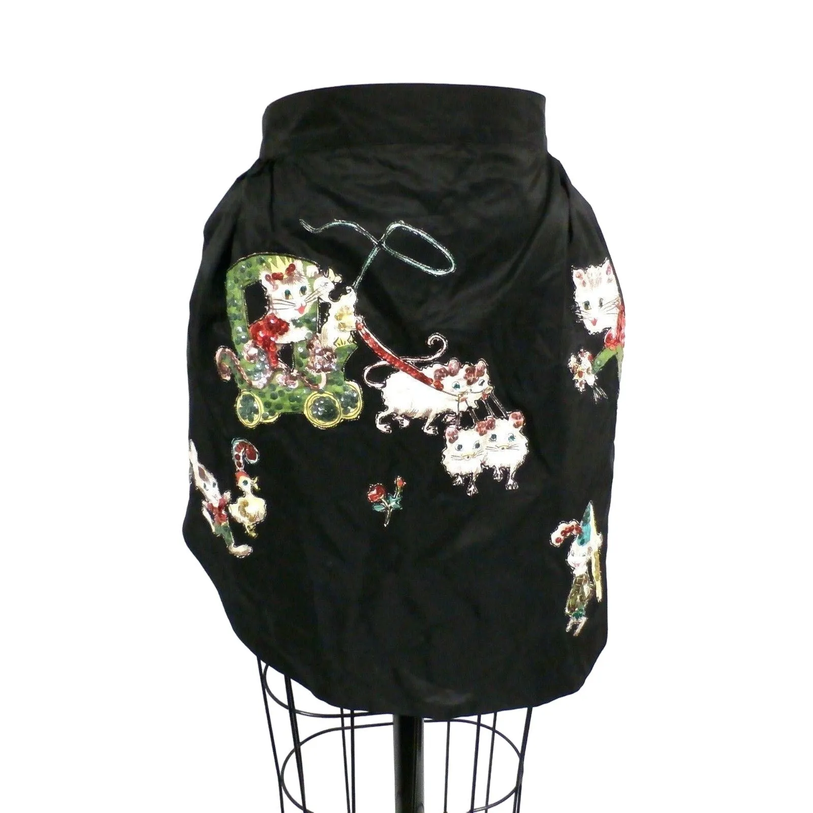 Retro VTG 50s Kitchen Apron Black Taffeta Kittens Cat Appliques Sequins Sue-Set