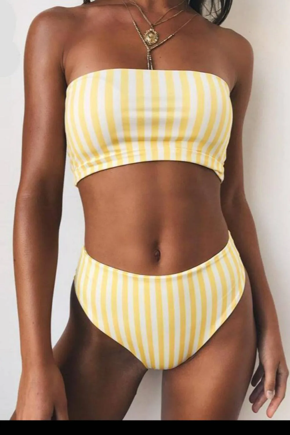 Retro Yellow Striped Strapless Bikini