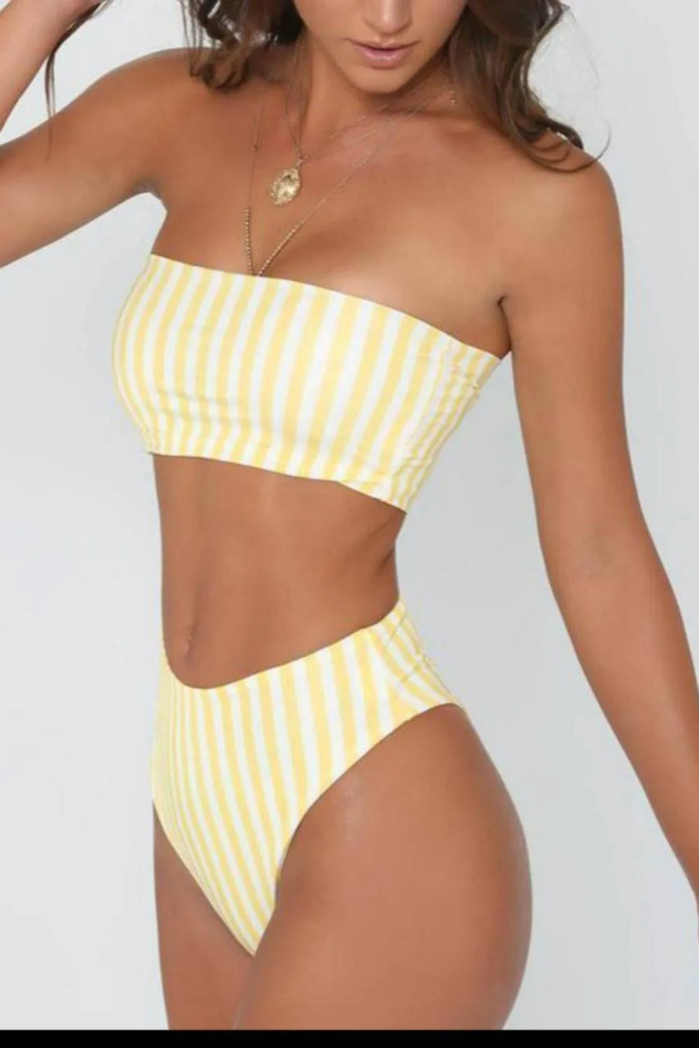 Retro Yellow Striped Strapless Bikini