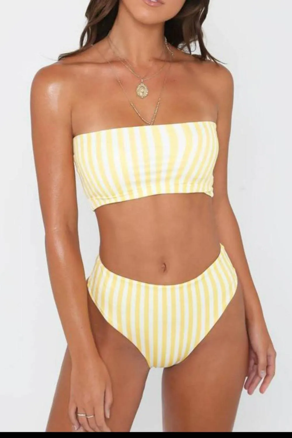 Retro Yellow Striped Strapless Bikini