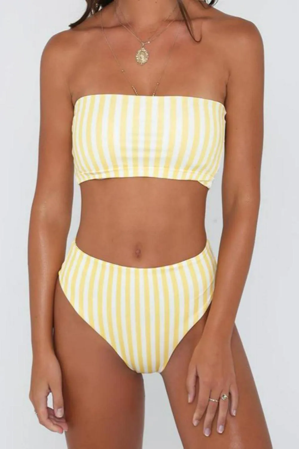 Retro Yellow Striped Strapless Bikini