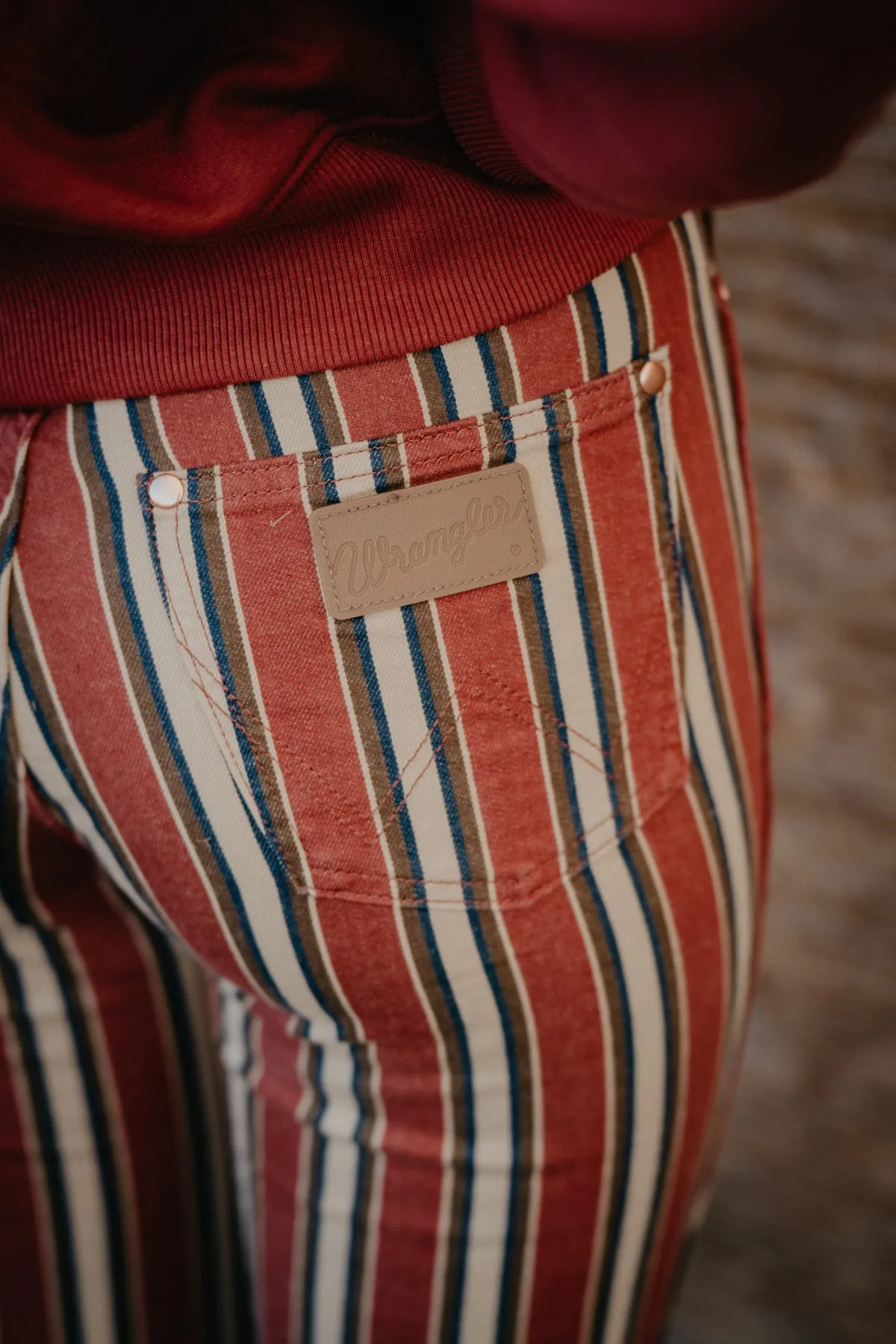 'Road Runner' Wrangler Lainey Wilson Red Striped Flare Jeans (25-34)