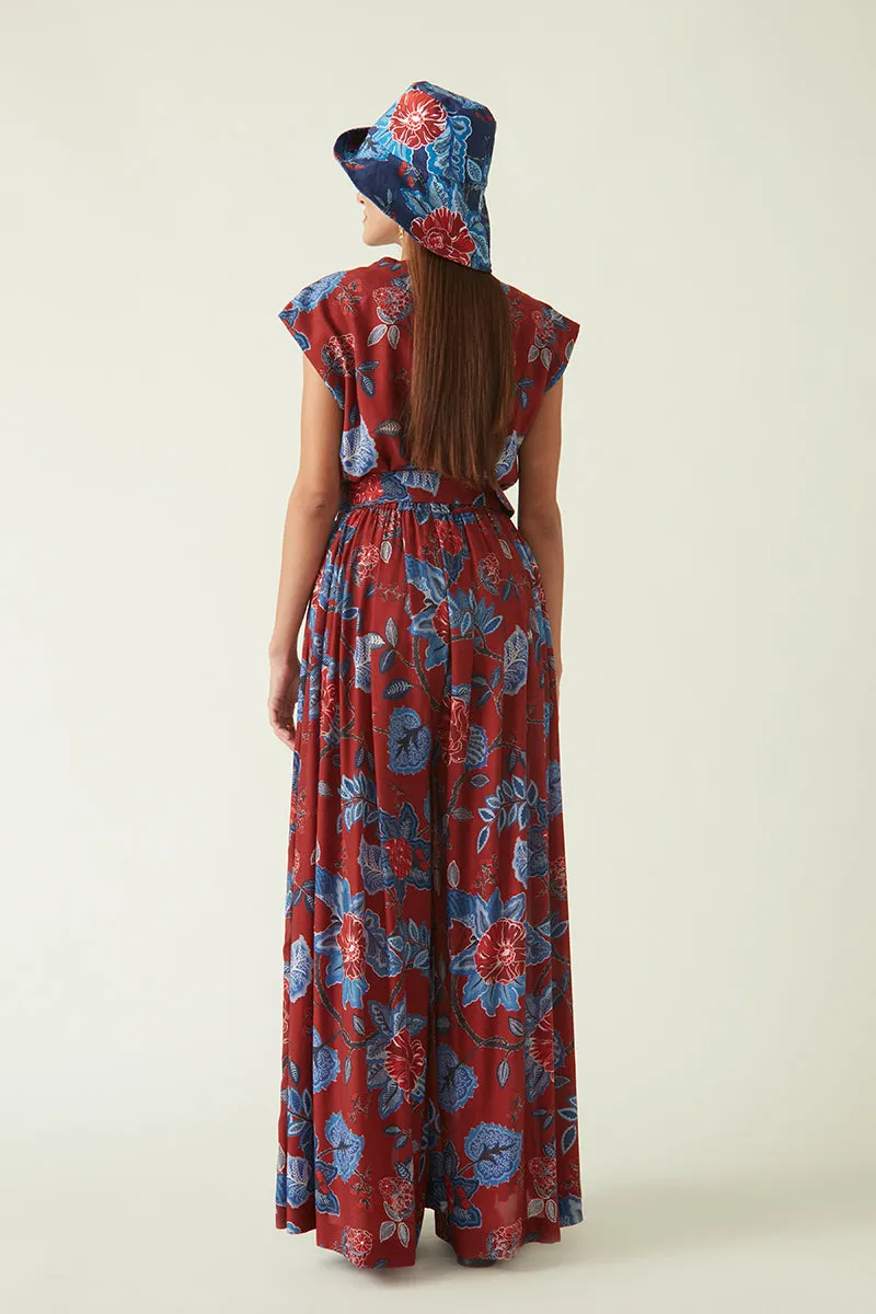 Rockefeller Holidays I  Bali Printed Jumpsuit with Belt Modal Muslin Red/Navy  Java collection 2JV-56