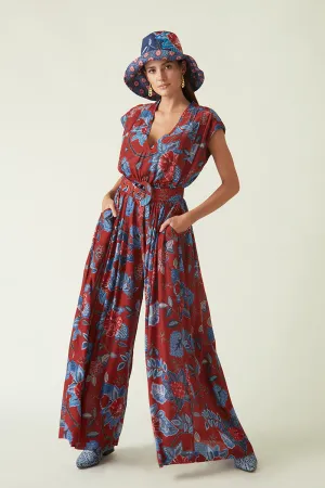 Rockefeller Holidays I  Bali Printed Jumpsuit with Belt Modal Muslin Red/Navy  Java collection 2JV-56