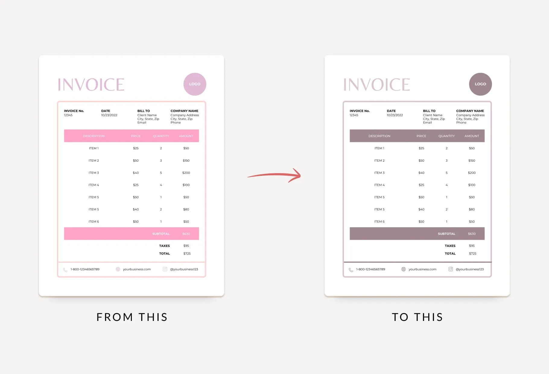Rose Pink Invoice Canva Template Printable and Editable