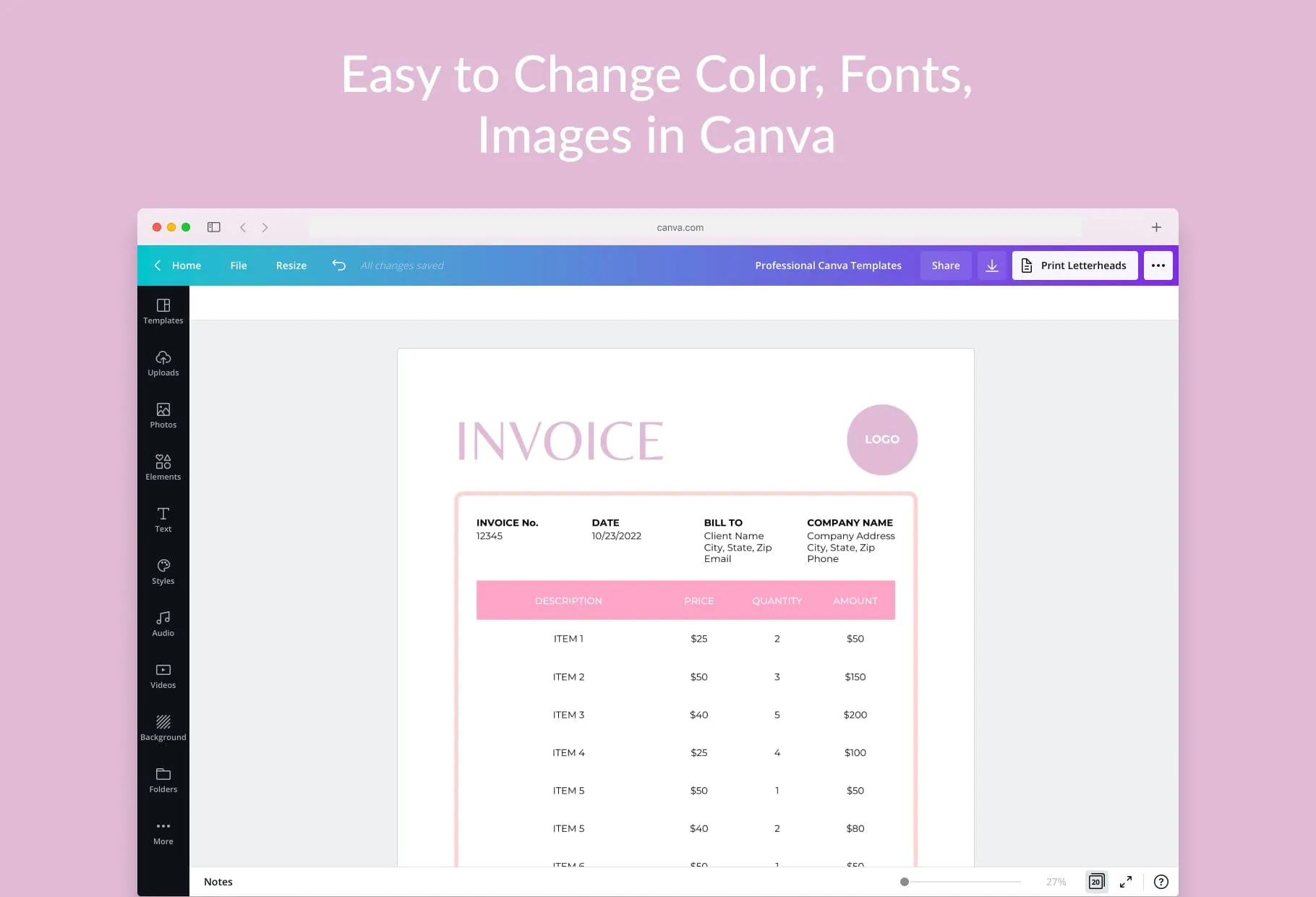 Rose Pink Invoice Canva Template Printable and Editable