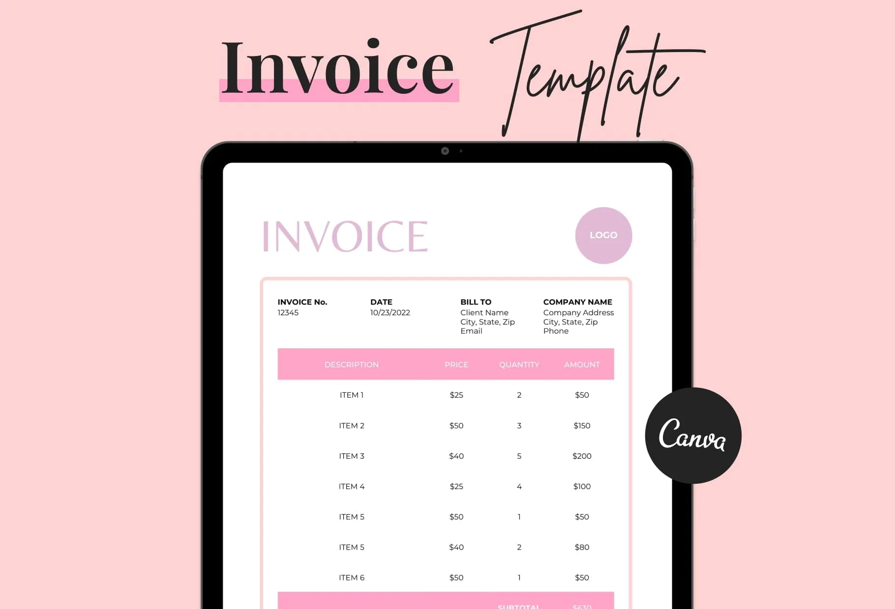Rose Pink Invoice Canva Template Printable and Editable