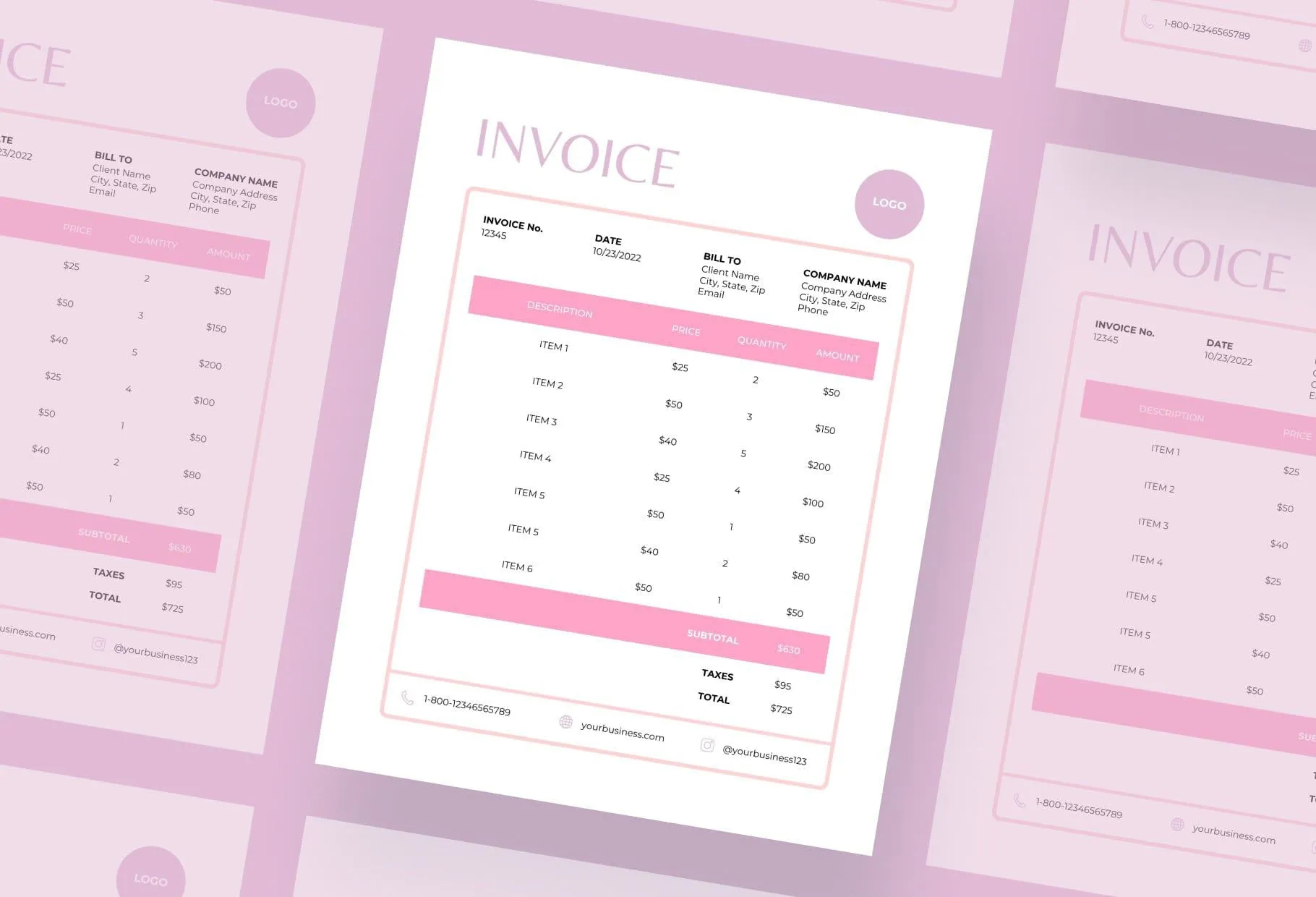 Rose Pink Invoice Canva Template Printable and Editable