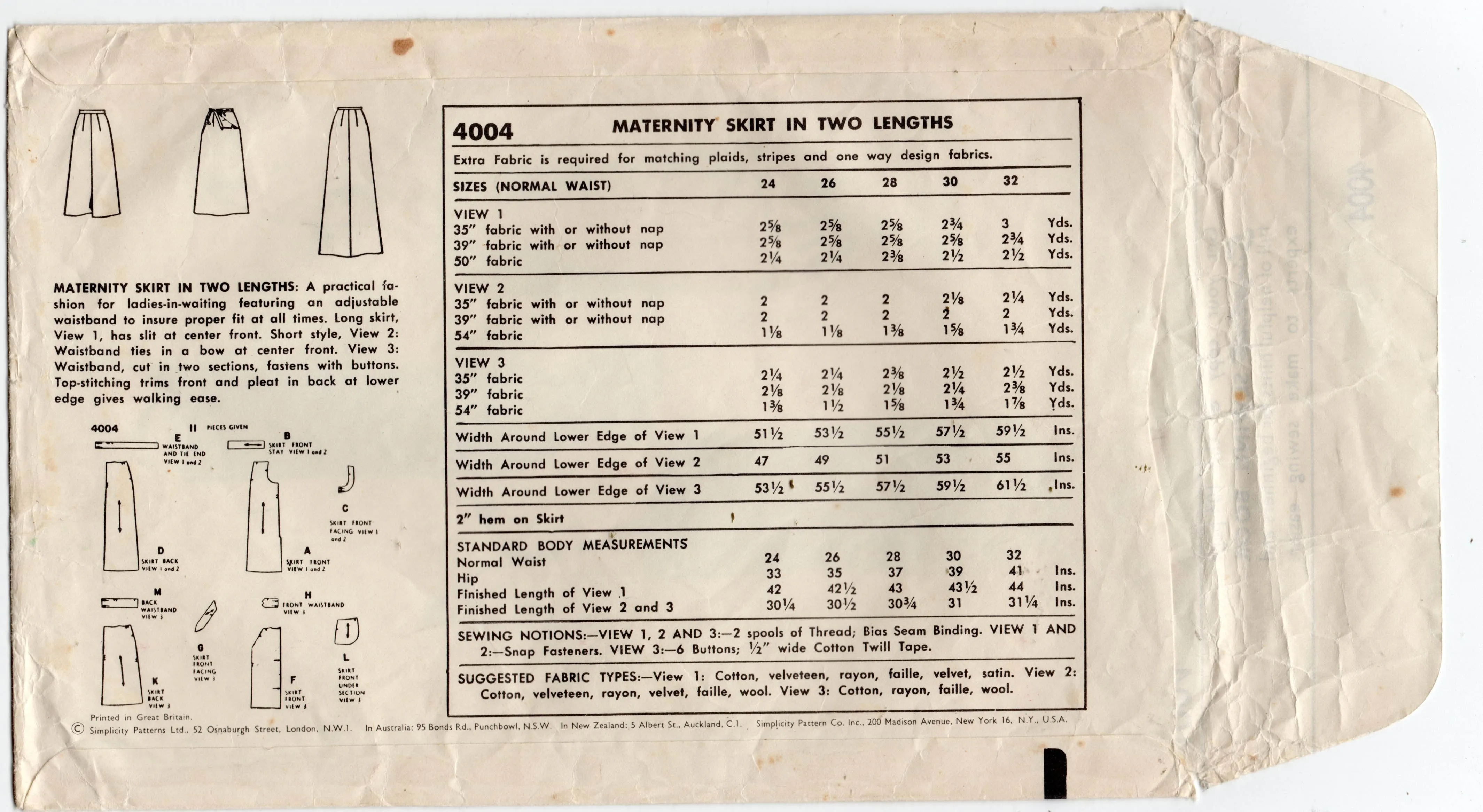 Simplicity 4004 Womens Maternity Skirts 1950s Vintage Sewing Pattern Waist 26 inches UNUSED Factory Folded
