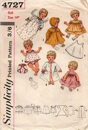 Simplicity 4727 Retro Wardrobe For 14 inch Baby Dolls 1960s Vintage Sewing Pattern