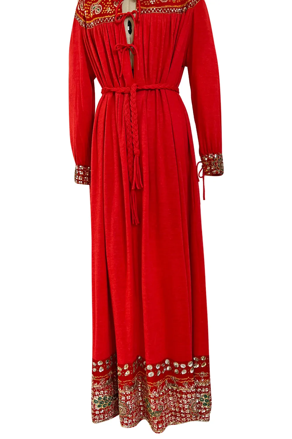 Spectacular 1970s Louis Feraud Haute Couture Orange Red Caftan Sequin Dress