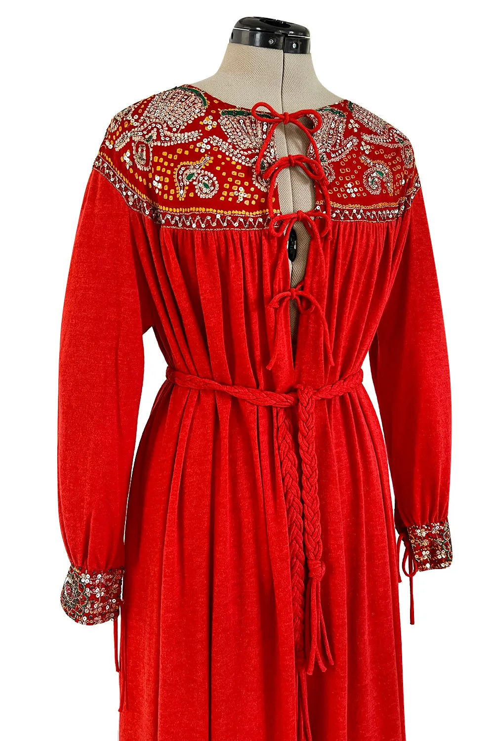 Spectacular 1970s Louis Feraud Haute Couture Orange Red Caftan Sequin Dress