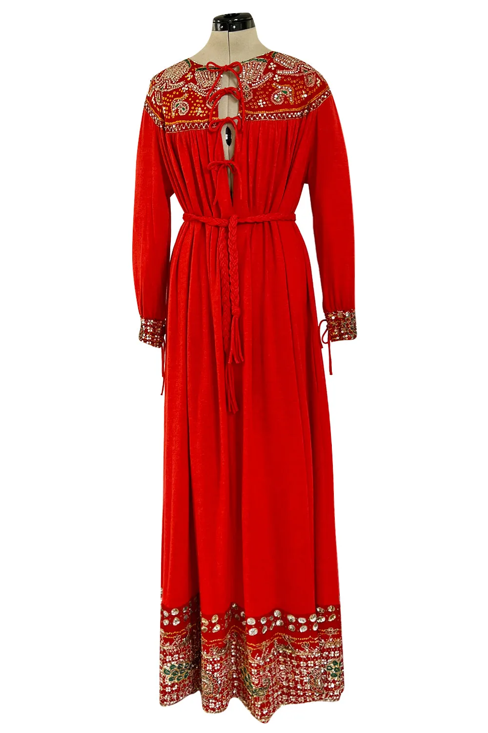 Spectacular 1970s Louis Feraud Haute Couture Orange Red Caftan Sequin Dress