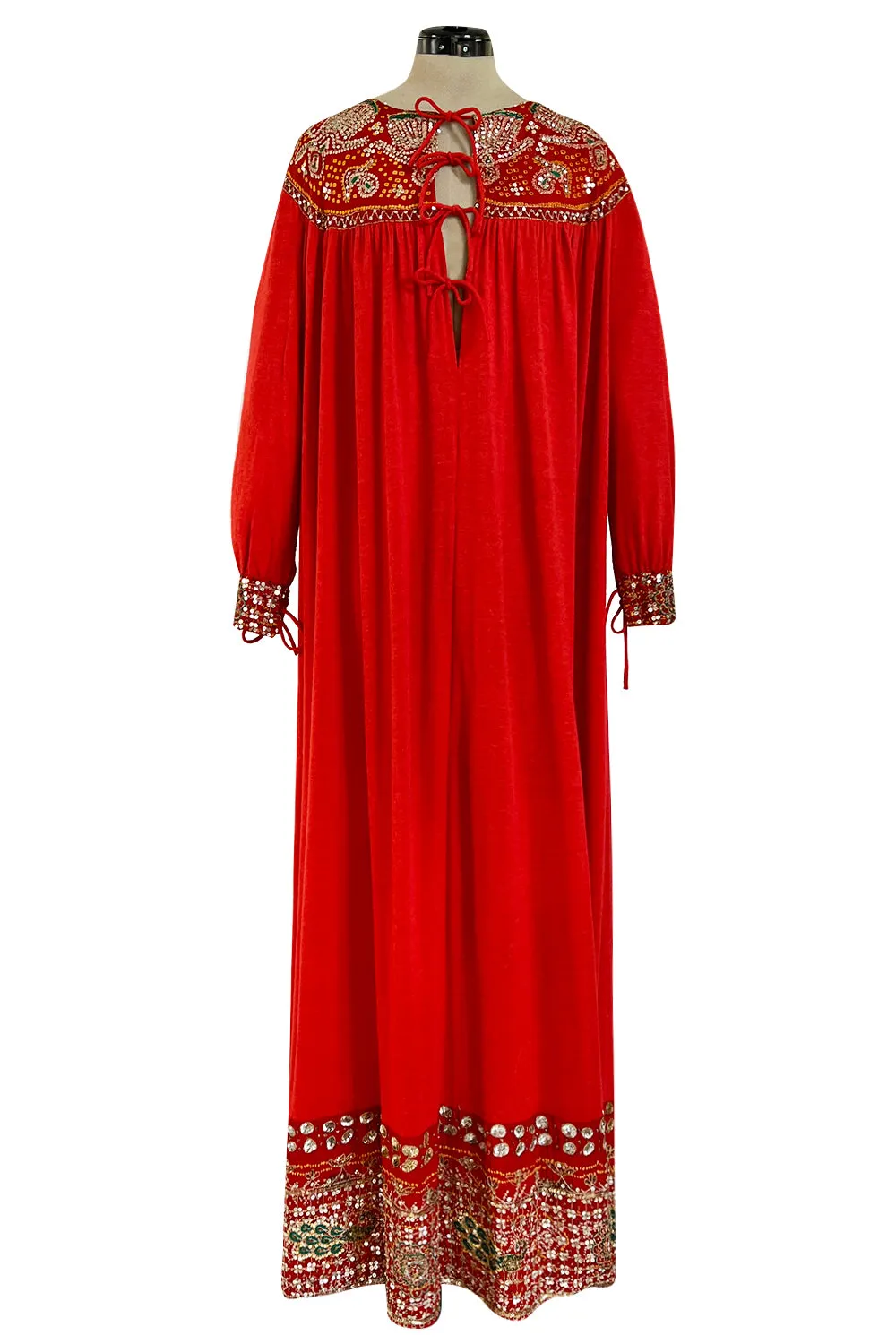 Spectacular 1970s Louis Feraud Haute Couture Orange Red Caftan Sequin Dress