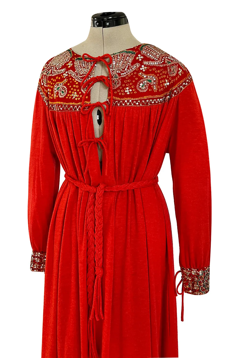 Spectacular 1970s Louis Feraud Haute Couture Orange Red Caftan Sequin Dress