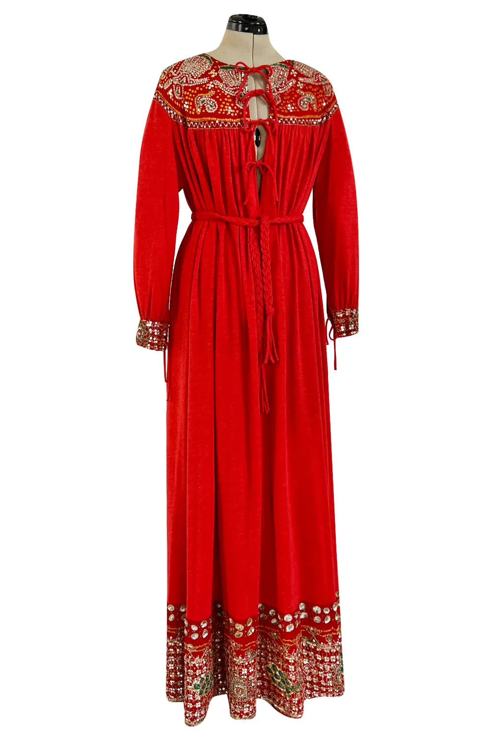 Spectacular 1970s Louis Feraud Haute Couture Orange Red Caftan Sequin Dress