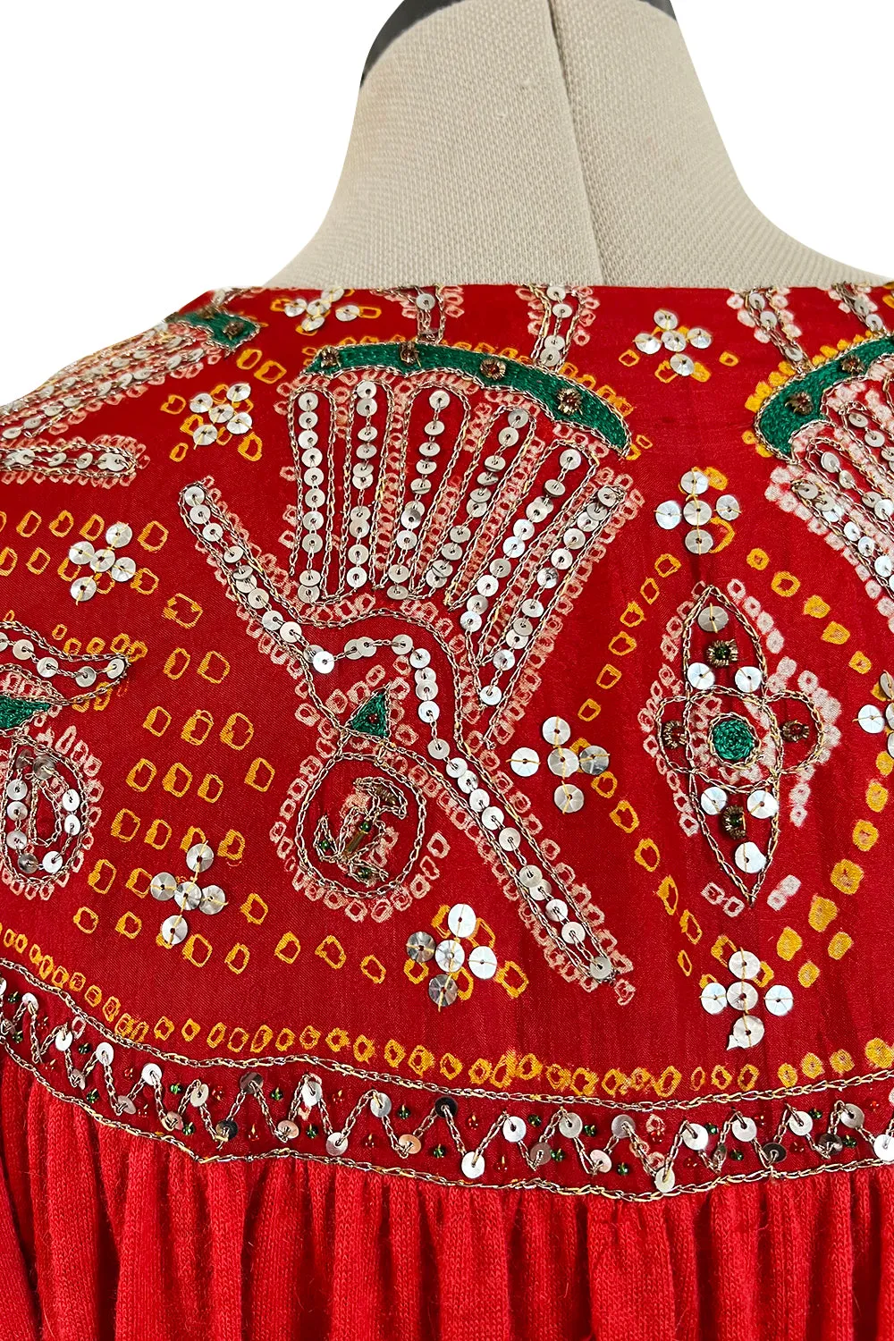 Spectacular 1970s Louis Feraud Haute Couture Orange Red Caftan Sequin Dress