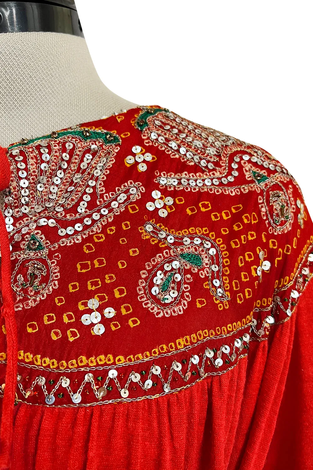 Spectacular 1970s Louis Feraud Haute Couture Orange Red Caftan Sequin Dress