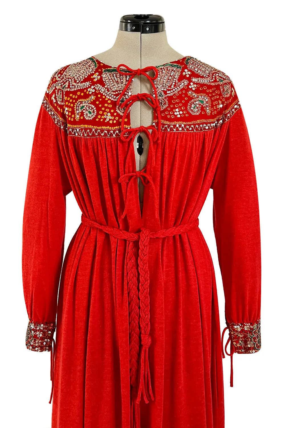Spectacular 1970s Louis Feraud Haute Couture Orange Red Caftan Sequin Dress