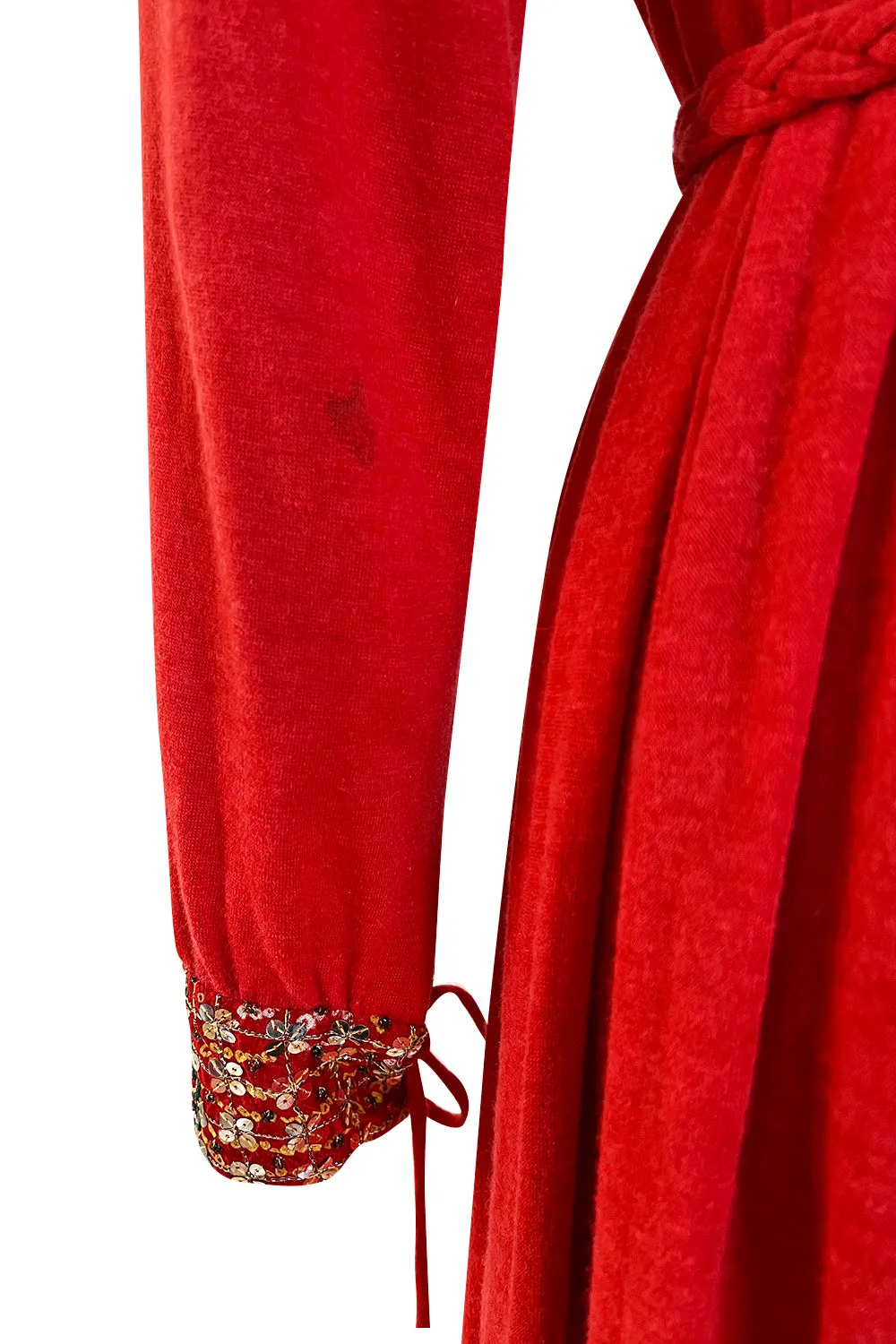 Spectacular 1970s Louis Feraud Haute Couture Orange Red Caftan Sequin Dress