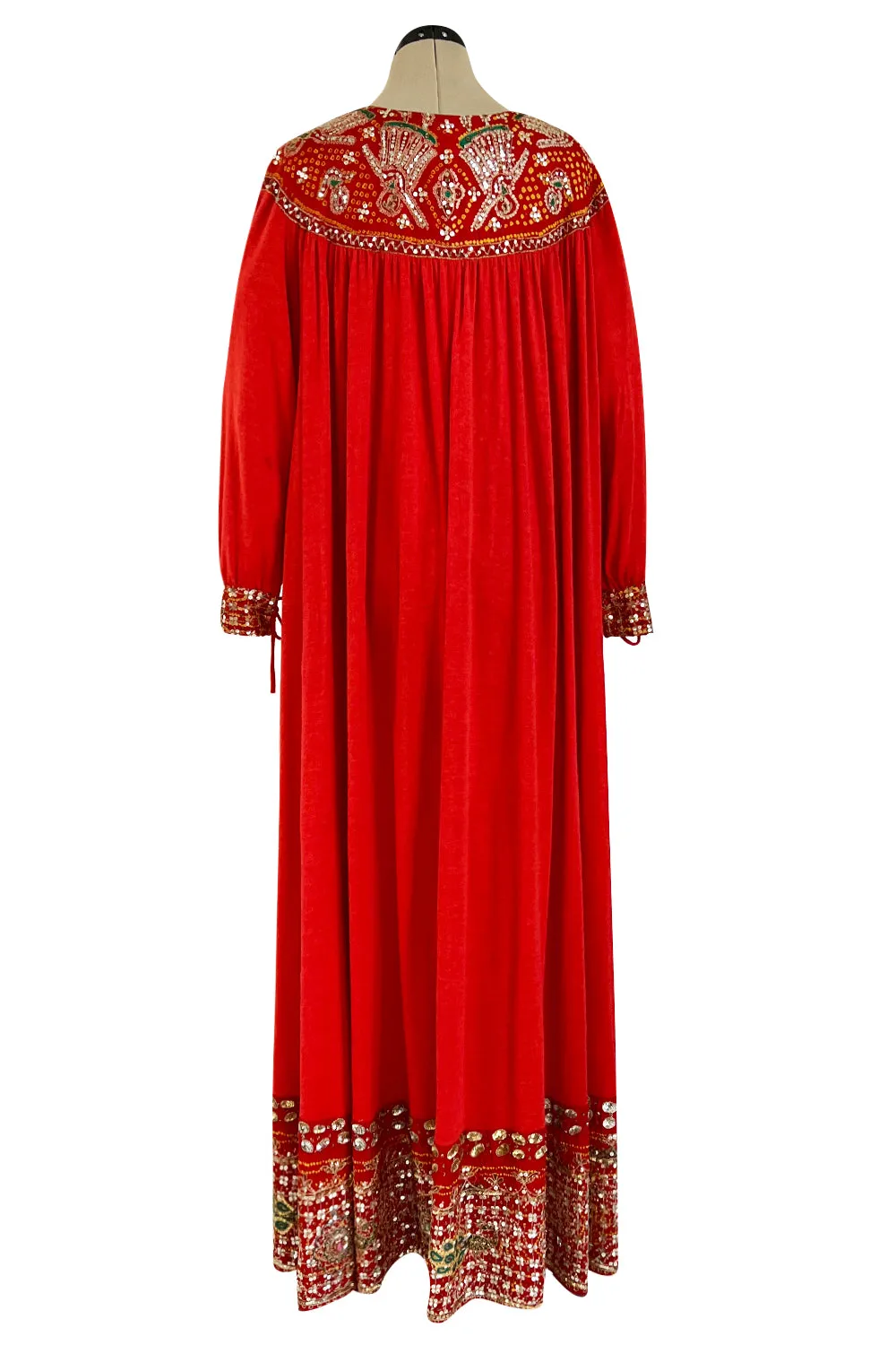 Spectacular 1970s Louis Feraud Haute Couture Orange Red Caftan Sequin Dress