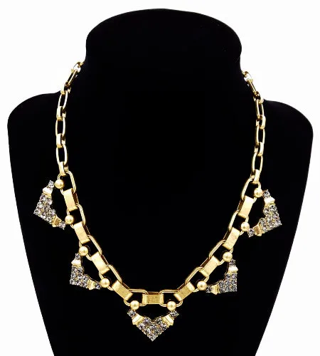 Stella Dot Necklace Grey Rhinestone Accents Brushed Gold Tone Chunky Links