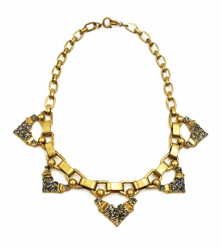 Stella Dot Necklace Grey Rhinestone Accents Brushed Gold Tone Chunky Links