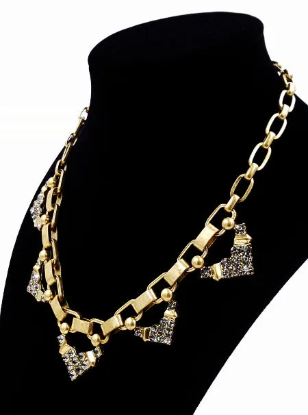 Stella Dot Necklace Grey Rhinestone Accents Brushed Gold Tone Chunky Links
