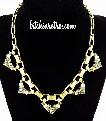 Stella Dot Necklace Grey Rhinestone Accents Brushed Gold Tone Chunky Links