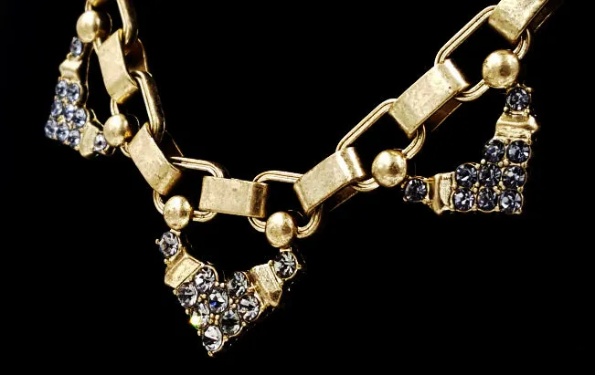 Stella Dot Necklace Grey Rhinestone Accents Brushed Gold Tone Chunky Links