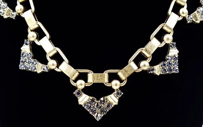 Stella Dot Necklace Grey Rhinestone Accents Brushed Gold Tone Chunky Links